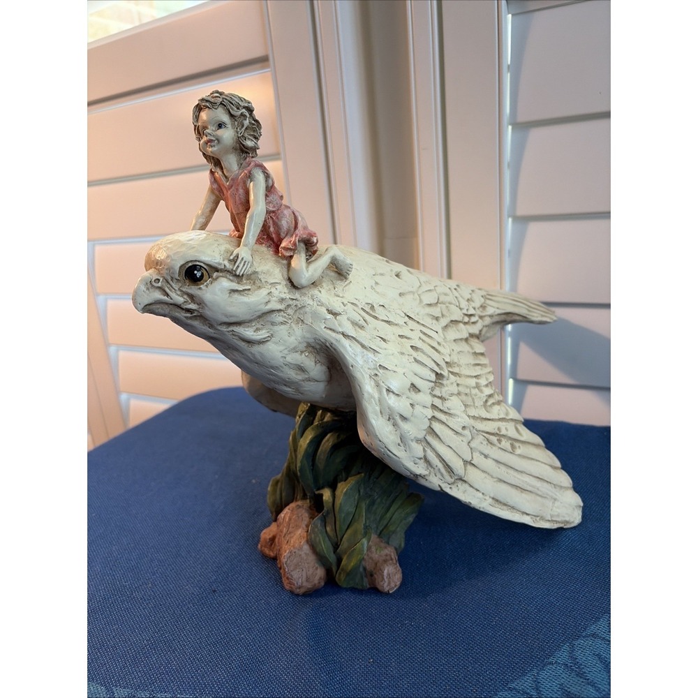 Vtg Resin Thumbelina Riding Sparrow Fairy Tale Figurine Hand Painted Fantasy